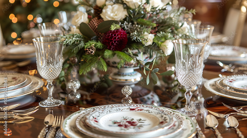A Festive Christmas Table Setting with Fine China, Elegant Glassware, and Holiday Accents, Creating a Perfect Setting for a Memorable Holiday Feast A Festive Christmas Table Setting with Fine China, Elegant Glassware, and Holiday Accents, Creating a Perfect Setting for a Memorable Holiday Feast