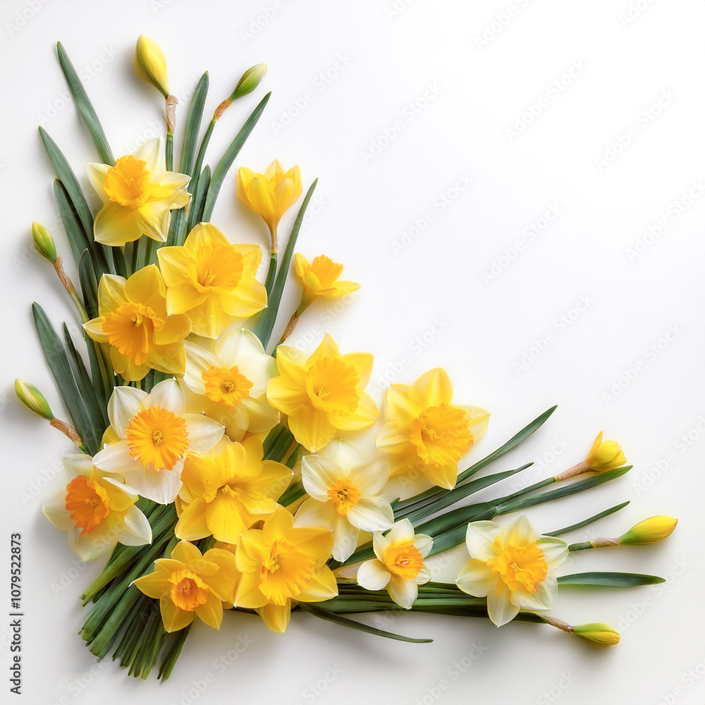 Fresh Daffodil flower garland foliage on side position provides copy space for text. background concept isolated white Fresh Daffodil flower garland foliage on side position provides copy space for text. background concept isolated white