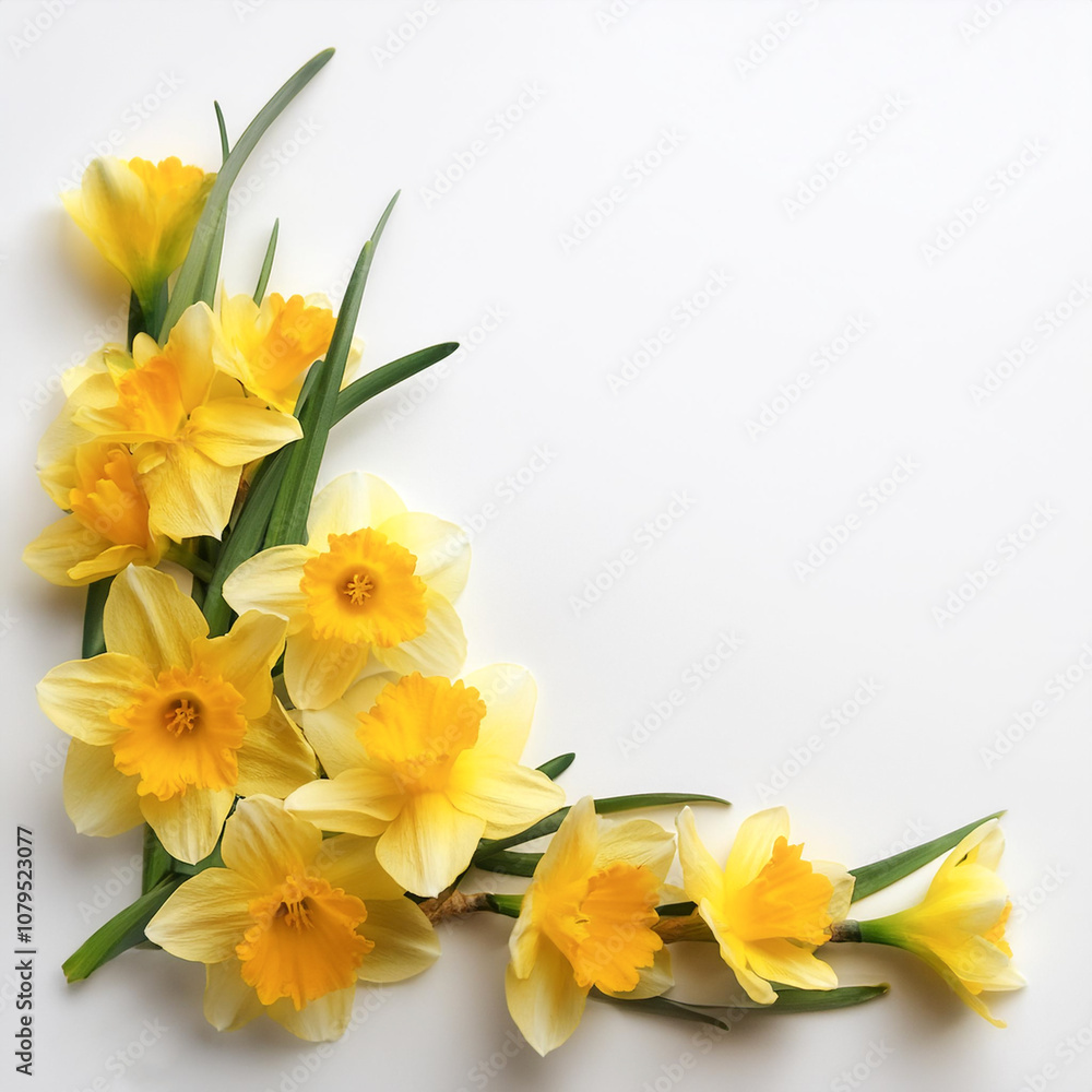 Fresh Daffodil flower garland foliage on side position provides copy space for text. background concept isolated white Fresh Daffodil flower garland foliage on side position provides copy space for text. background concept isolated white