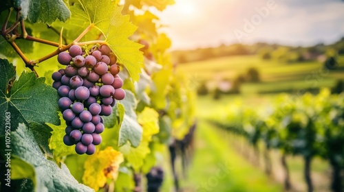 Close-up of ripe red grapes hanging on a vine in a vineyard, with rolling hills in the background at sunset. photo