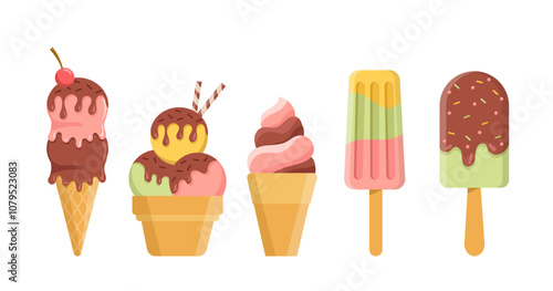 Ice cream icons set. Waffer cone and cup with gelato balls. Sweet sundae on stick. Frozen dessert and delicacy for hot weather. Flat vector collection isolated on white background