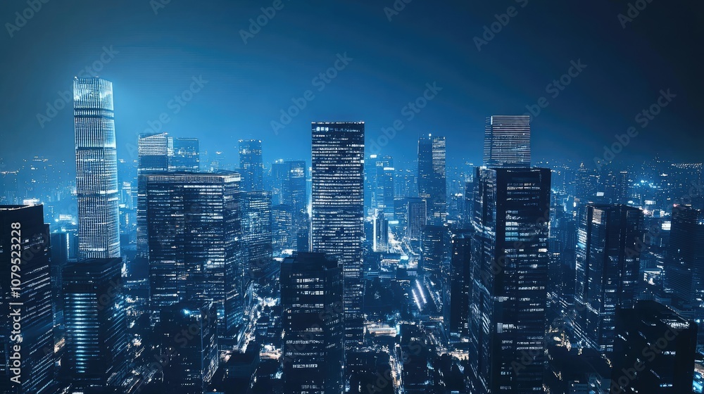 A panoramic view of a city skyline at night, illuminated by bright lights. A panoramic view of a city skyline at night, illuminated by bright lights.