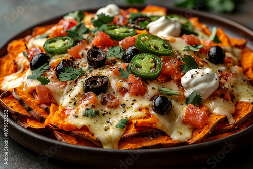 Ryan Loaded Sweet Potato Nachos with melted cheese and jalapeños crispy sweet potato slices