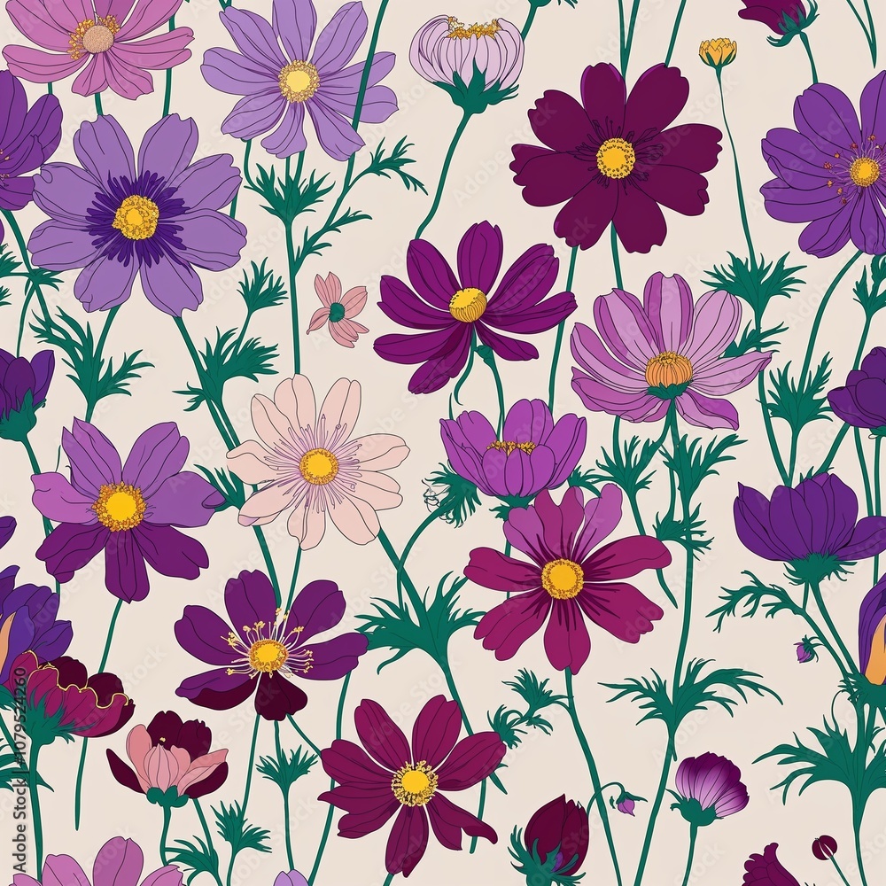 Purple Cosmos flower pattern design illustration on plain background seamless wallpaper print Purple Cosmos flower pattern design illustration on plain background seamless wallpaper print