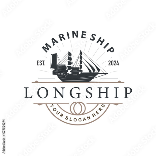vintage viking longship warship logo traditional ocean sailboat silhouette design
