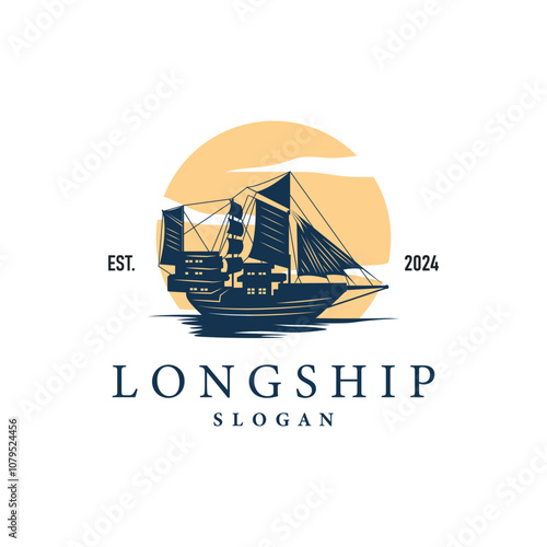vintage viking longship warship logo traditional ocean sailboat silhouette design