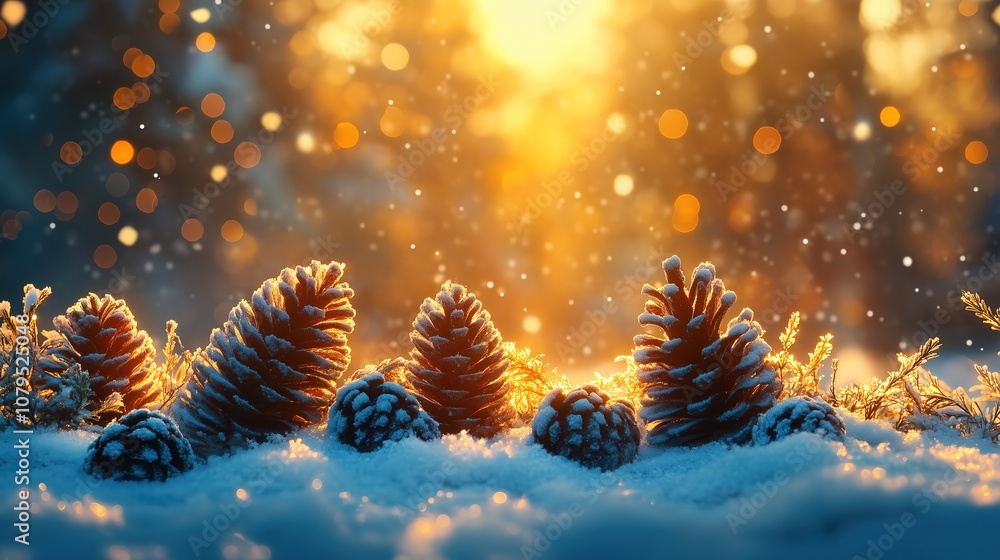 Fototapeta premium Pinecones resting on snow with a warm, glowing sunset and gentle snowfall creating a serene winter landscape scene.