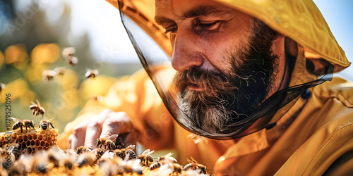 focused Beekeeper Inspecting Honeycomb Up Close