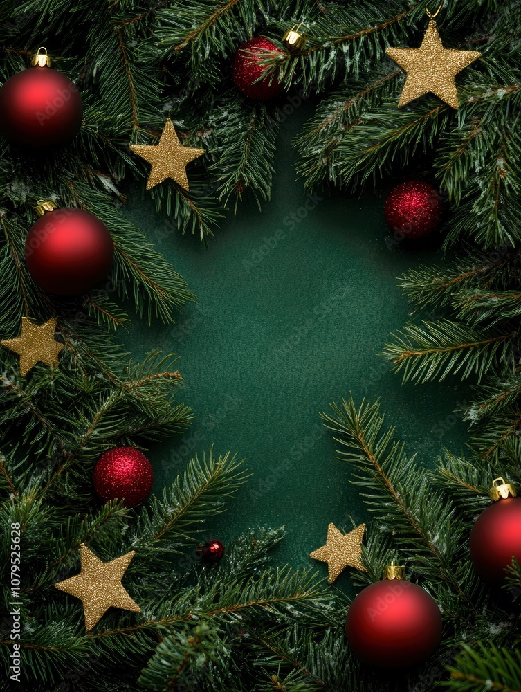 Green oak tree branches with red christmas balls and golden stars on the two sides. , copy space, ai Green oak tree branches with red christmas balls and golden stars on the two sides. , copy space, ai