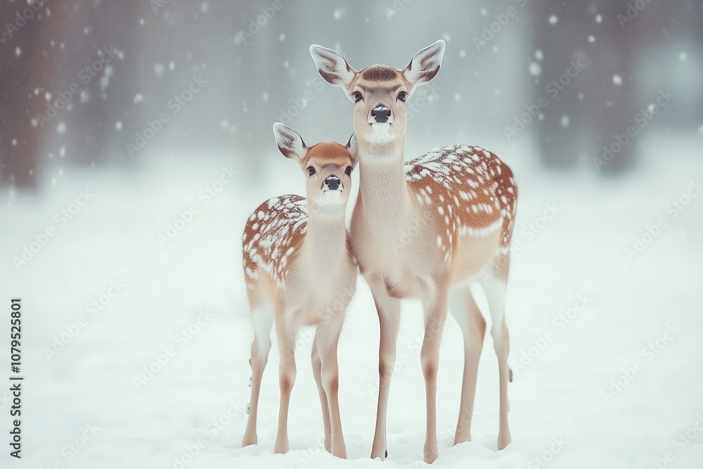Two young deer stand gracefully in a snowy landscape, surrounded by gentle falling snowflakes. Two young deer stand gracefully in a snowy landscape, surrounded by gentle falling snowflakes.