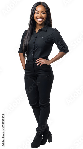 Confident Young Woman in Black Outfit Posing Smiling, transparent background