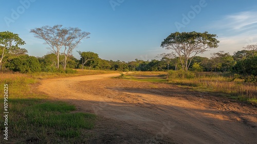 A winding dirt road leads through a grassy field with trees lining the path. The sun shines brightly in the blue sky.