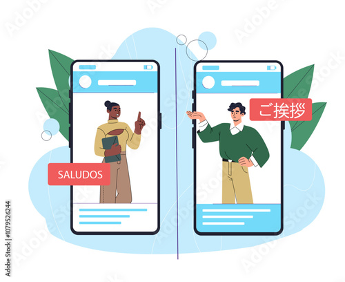 People with language barrier. Man and woman communicate on smartphone screen via video call. International communication in social networks and messengers. Flat vector illustration