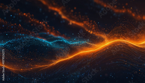 Abstract digital landscape waves with glowing blue and orange particles, dark background. Generative AI