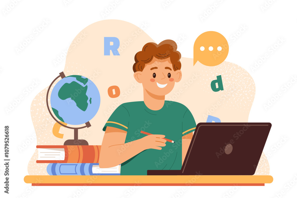 Boy with online learning. Kid with laptop, globe and stack of books. Remote education and training. Preschool student doing homework. Flat vector illustration isolated on white background Boy with online learning. Kid with laptop, globe and stack of books. Remote education and training. Preschool student doing homework. Flat vector illustration isolated on white background