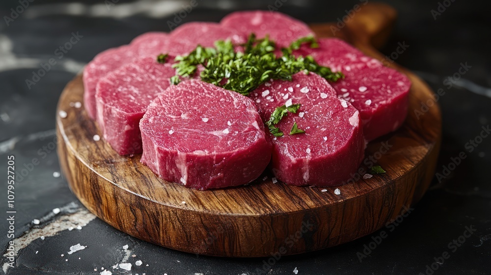 Raw beef tenderloin medallions on a wooden board with salt and parsley. Raw beef tenderloin medallions on a wooden board with salt and parsley.