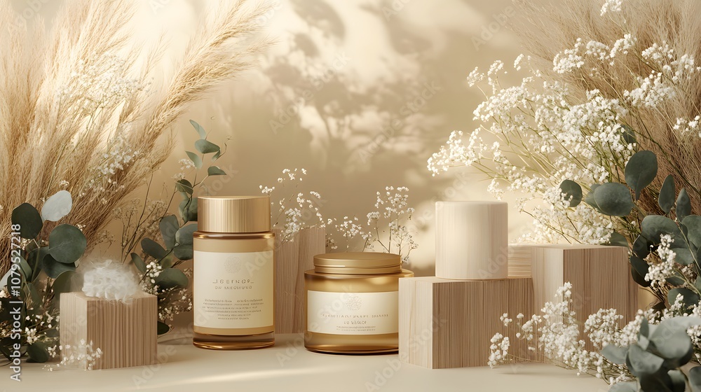 Two glass bottles with golden lids on wooden blocks, surrounded by dried pampas grass and white flowers. Two glass bottles with golden lids on wooden blocks, surrounded by dried pampas grass and white flowers.