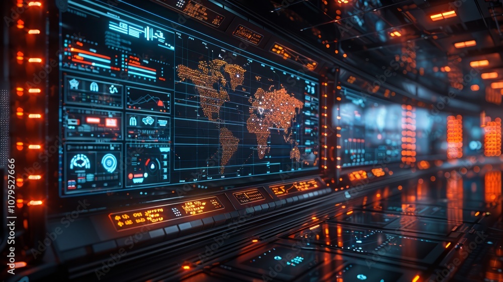 Futuristic control room interior with glowing digital displays and a world map on the main screen. Futuristic control room interior with glowing digital displays and a world map on the main screen.