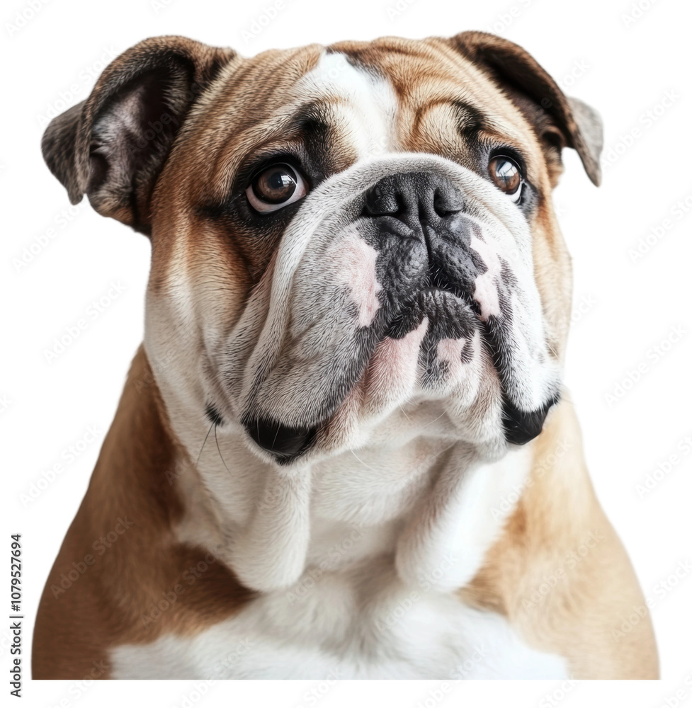 PNG A close-up view of a curious Bulldog indoors PNG A close-up view of a curious Bulldog indoors