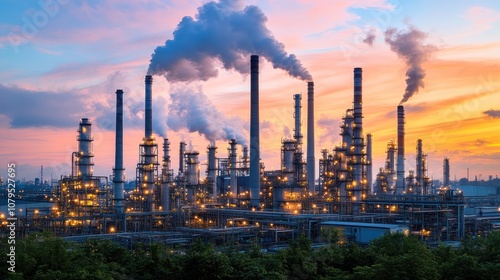 Oil refinery at sunset with smokestacks emitting steam.