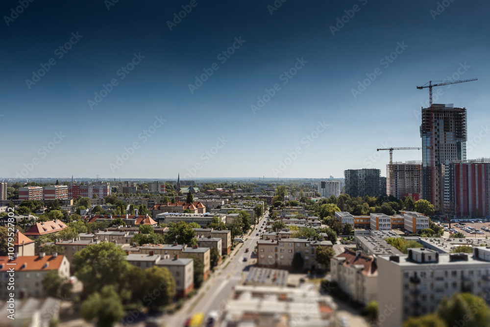 Obraz premium Katowice, Silesia, Poland. View of the city from a high-rise apartment, apartment in a block of flats, high-rise block