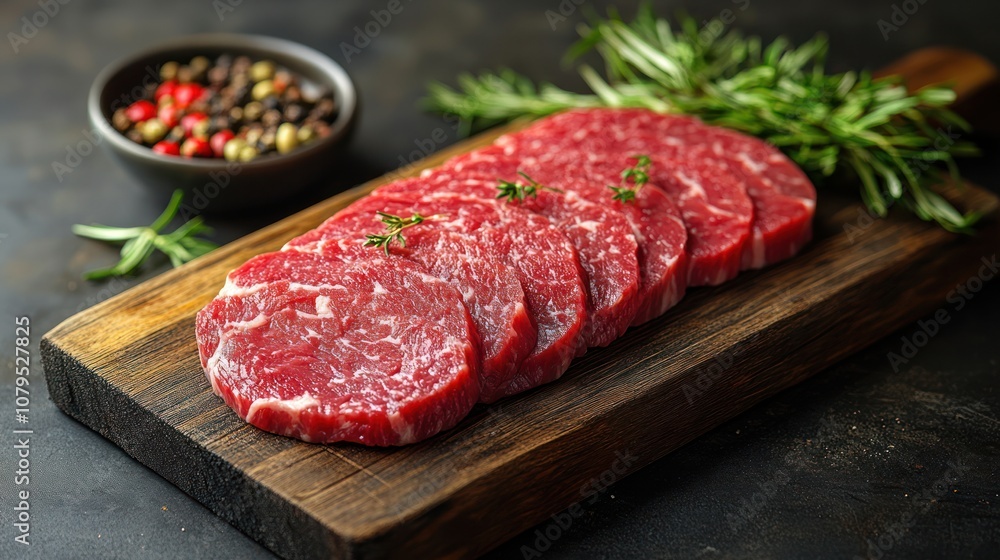 Raw beef steaks on a wooden cutting board with rosemary and peppercorns. Raw beef steaks on a wooden cutting board with rosemary and peppercorns.