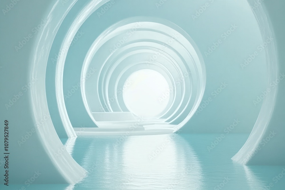 Fototapeta premium A serene, abstract space with circular structures and reflective water, evoking tranquility.