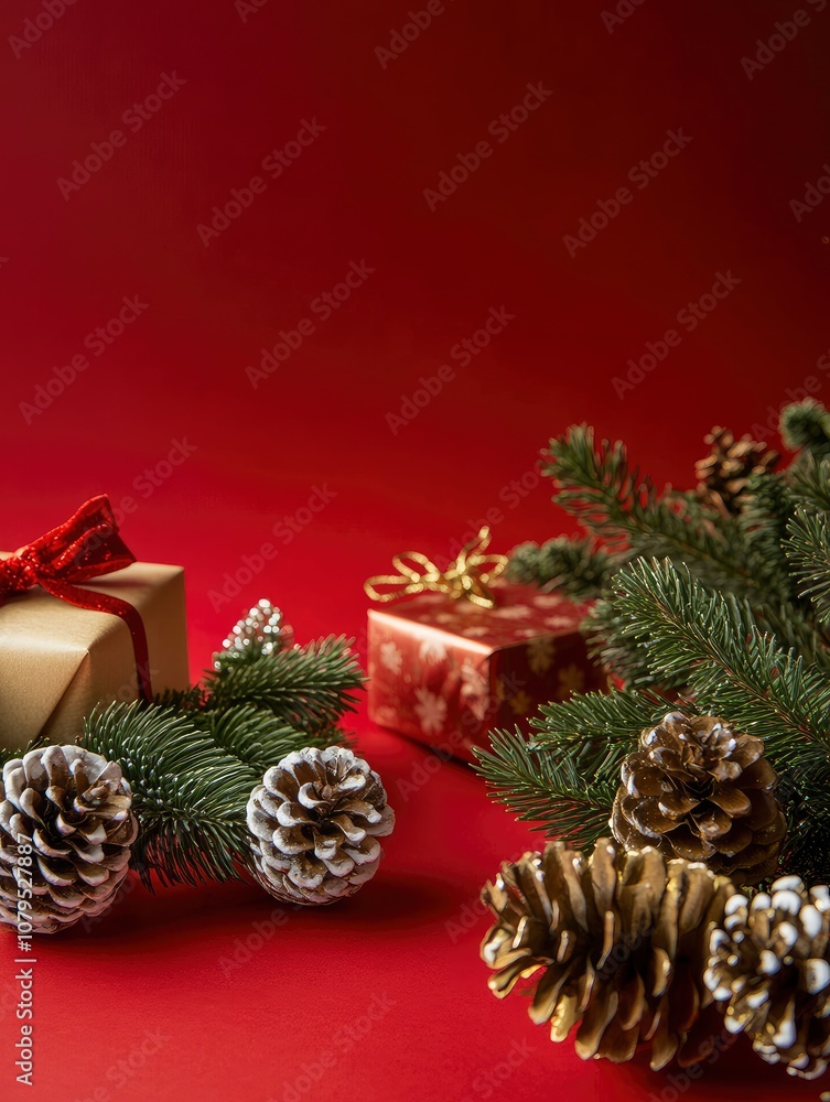 Mistletoe, pine cones and christmas gifts on red table , copy space , ai Mistletoe, pine cones and christmas gifts on red table , copy space , ai