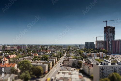 Katowice, Silesia, Poland. View of the city from a high-rise apartment, apartment in a block of flats, high-rise block