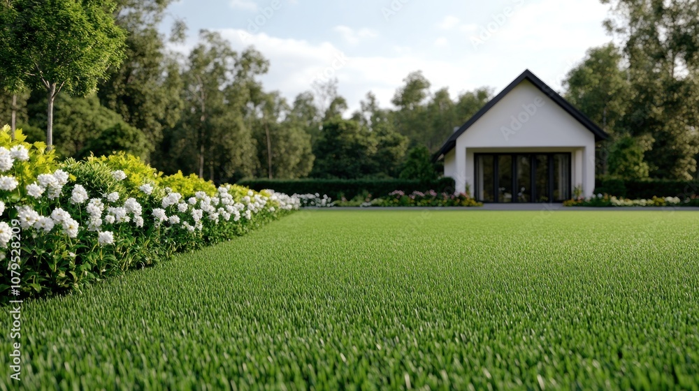 A serene garden with a well-maintained lawn and modern house. A serene garden with a well-maintained lawn and modern house.