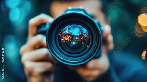 A photographer's hand holding a camera with a blurry reflection of a forest in the lens.