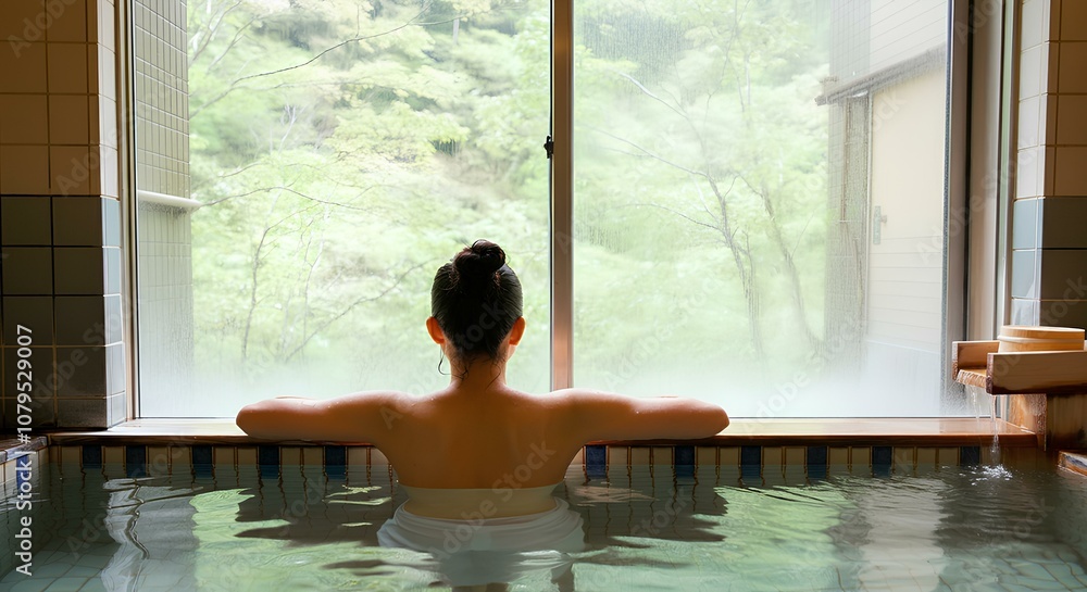 美しい風景を眺めながら日本式の温泉を楽しむ若い女性|Young woman enjoying a Japanese hot spring bath with beautiful scenery 美しい風景を眺めながら日本式の温泉を楽しむ若い女性|Young woman enjoying a Japanese hot spring bath with beautiful scenery