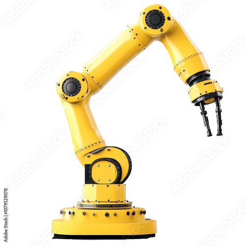 Yellow industrial robotic arm with a grasping mechanism, isolated on transparent background, showcasing advanced automation and precision technology.