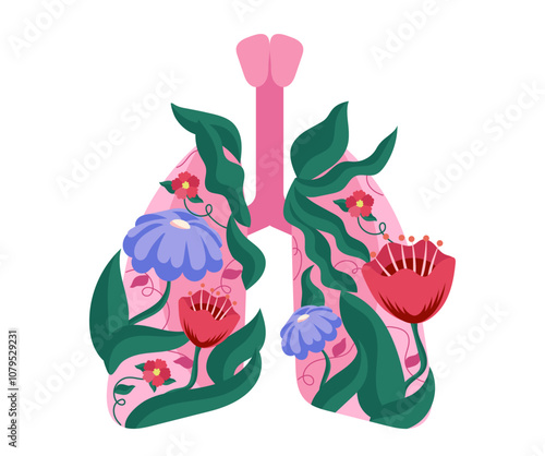 Lungs with flowers. Metaphor of healthy lifestyle. Human internal organ with bloom and blossom plants. Bronchi and respiratory system in red and blue flowers. Flat vector illustration