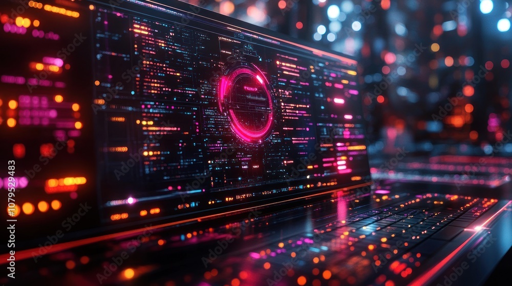 Obraz premium Futuristic digital interface with vibrant data visualization.