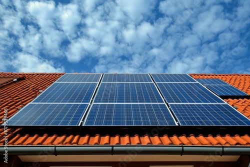 village house with a photovoltaic system on the roof. Modern eco friendly passive house with solar panels on the gable roof, with sunlight in the morning vibes photo