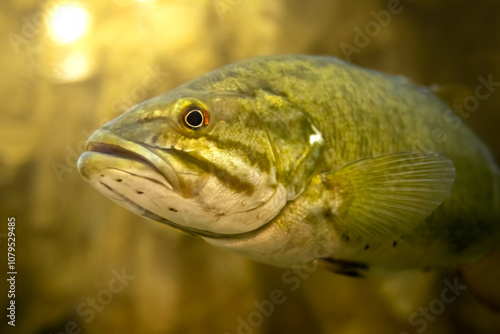 King of the pond, Smallmouth Bass (Micropterus dolomieu). Warm light filters down through the surface of water. Large predator sport fish searches for prey amongst vegetation