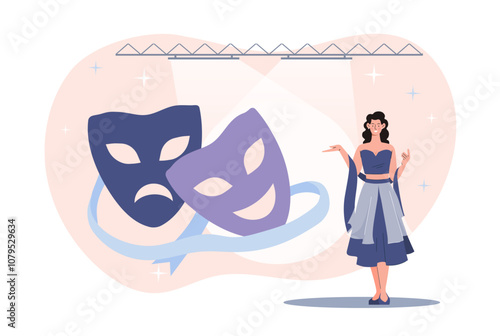 Woman with mask theater. Young girl performs on stage. Creativity and art. Hobby and leisure, performance. Theater actor at scene. Flat vector illustration isolated on white background