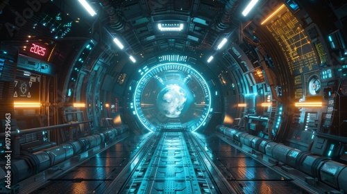 Fototapeta Naklejka Na Ścianę i Meble -  Futuristic spaceship corridor with glowing blue portal.