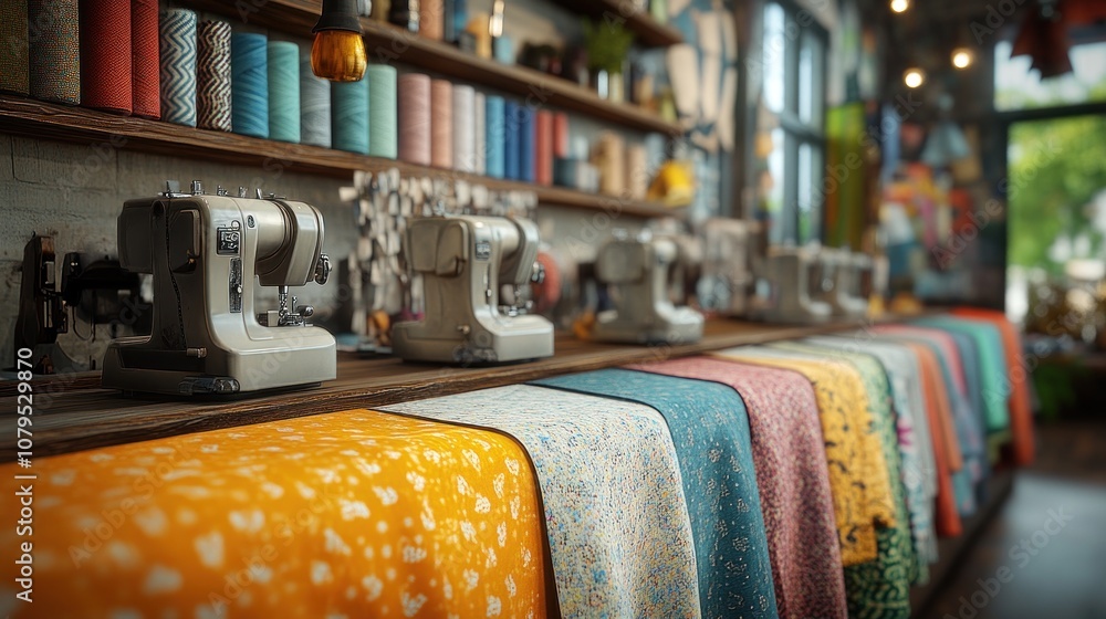 A vibrant sewing studio with colorful fabrics and sewing machines. A vibrant sewing studio with colorful fabrics and sewing machines.