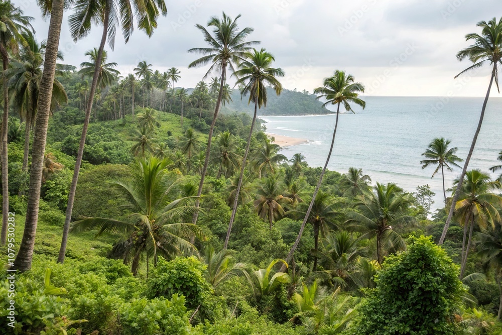 Seaside jungle with palm trees and exotic plants pattern, nature-inspired, lush Seaside jungle with palm trees and exotic plants pattern, nature-inspired, lush