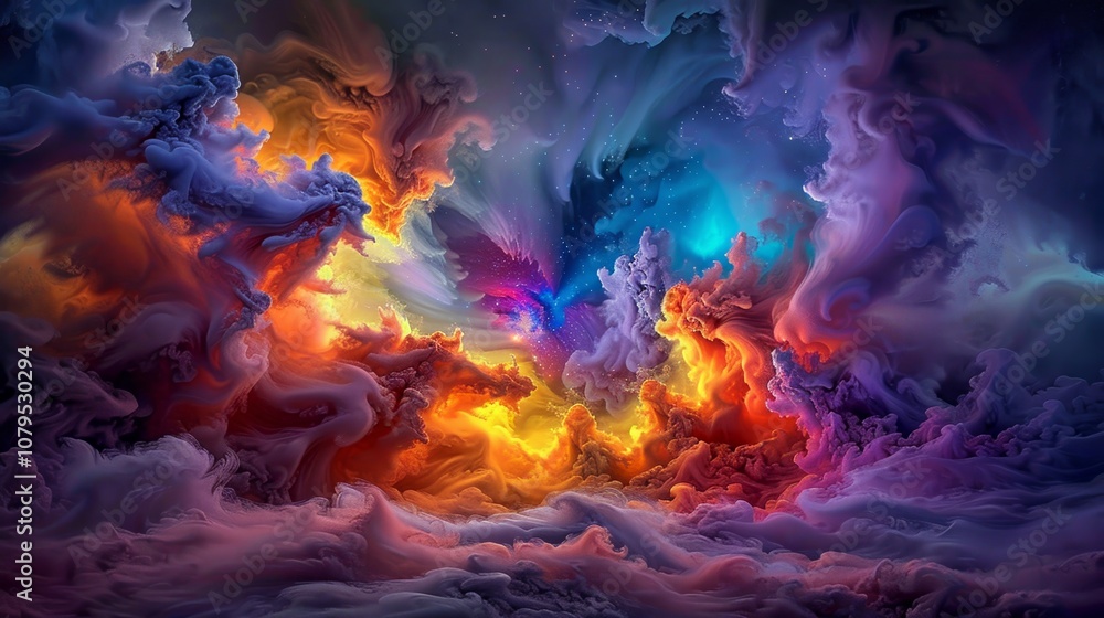 Fototapeta premium Wallpaper An abstract and colorful background with swirling smoke forming a psychedelic galaxy