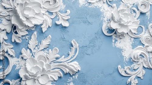 White Floral Ornaments on Blue Background