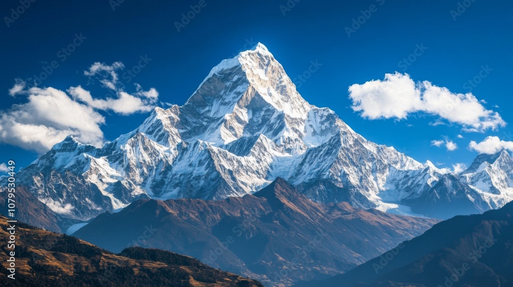Obraz premium Majestic Snow-Capped Mountain Peak with Blue Sky and Clouds