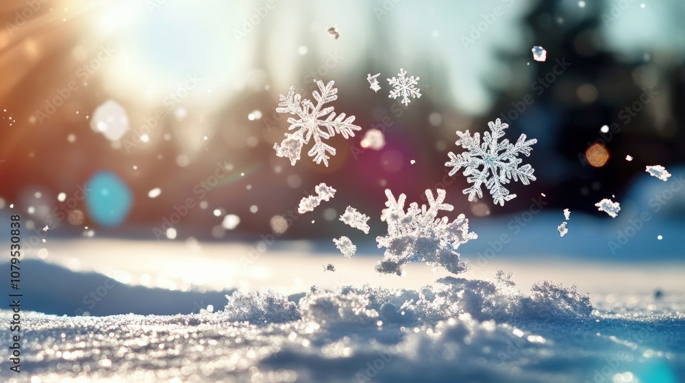 Naklejka premium Beautiful snowflakes falling on a sunny winter day in a serene landscape.