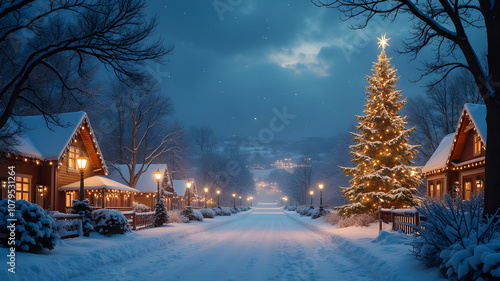 Capture the magic of Christmas with this stunning AI-generated scene! A charming snow-covered village illuminated by festive lights, with cozy houses evoking tranquility and peace. The majestic Christ