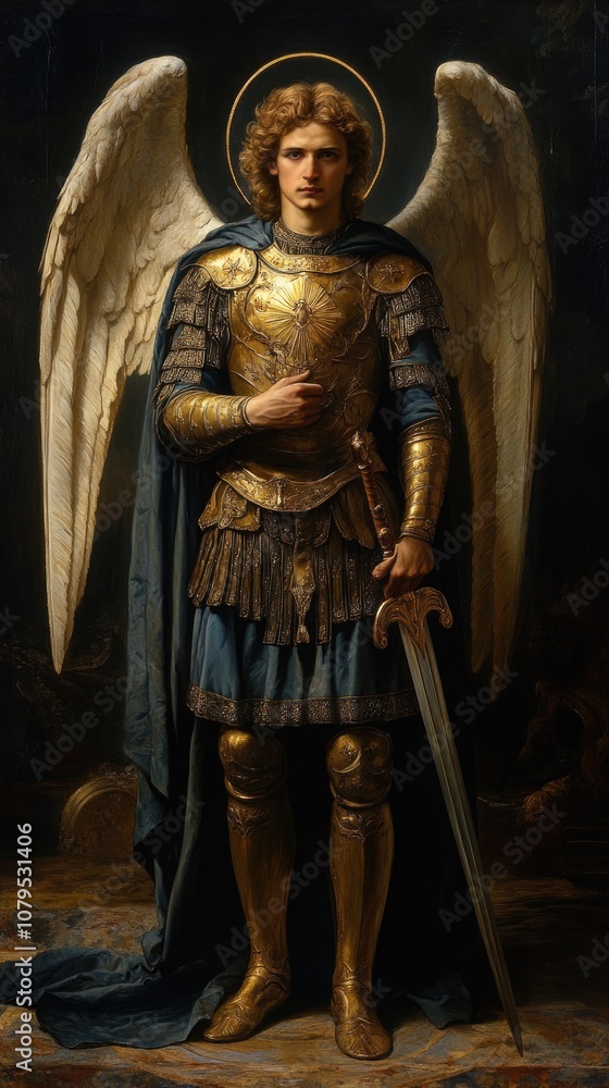 Heavenly protector: Archangel Michael portrayed in celestial glory, showcasing powerful imagery and divine aura, symbolizing bravery and guidance .