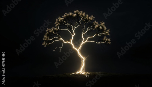 a tree lit up by lightning at night