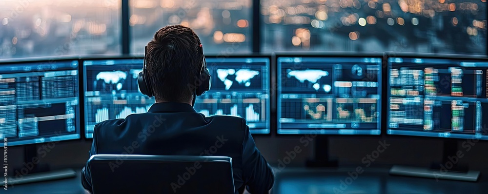 Professional analyzing data with multiple screens in a modern office environment. Professional analyzing data with multiple screens in a modern office environment.