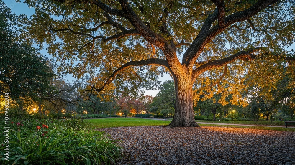 Majestic tree illuminated at dusk in a serene park setting.